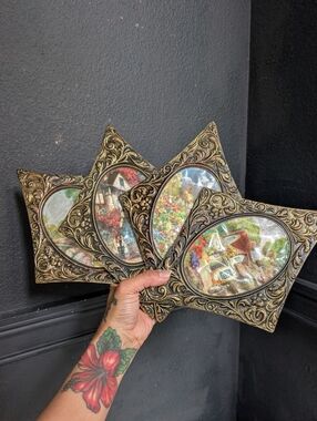 Vintage Antique Gold ELPEC Mid Century Metal Wall Plaques Decor Hologram England